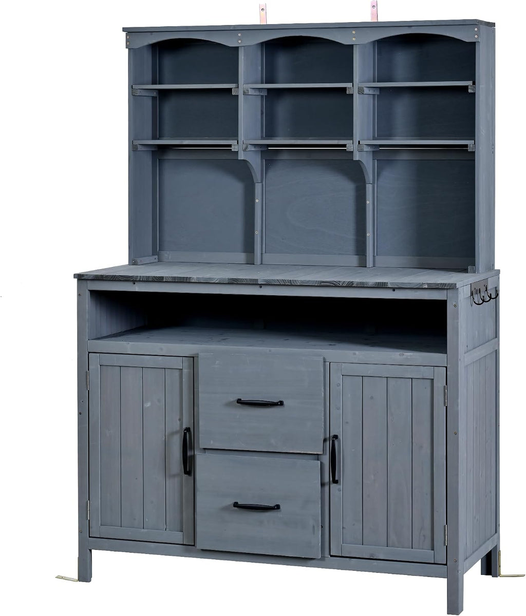 45.3''L Large Fir Wood Potting Bench, Counter Height Outdoor Patio Kitchen Island with Large Countertop, Hutch, Cabinets, Drawers & Hooks, Adjustable Shelf, Wavy Decoration Roof (Gray/103)
