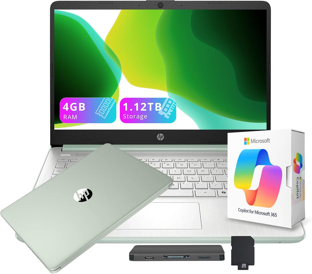 HP Stream 14' HD Student&Business Laptop with AI Copilot, Intel Processor N150, 4GB RAM, 1.12TB Storage (128GB UFS + 1TB Docking Station), 1 Year Office 365, Intel Graphics, Win 11, Willow Green