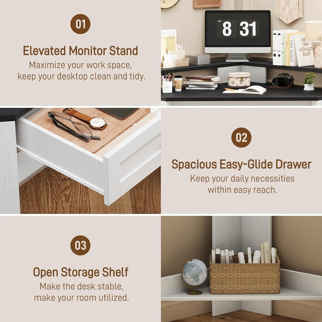 Corner Desk, Triangle Computer Desk Home Office Workstation with Drawer and Monitor Stand for Small Spaces Farmhouse Corner Vanity Table for Bedroom Study, Living Room (Rustic White and Black)