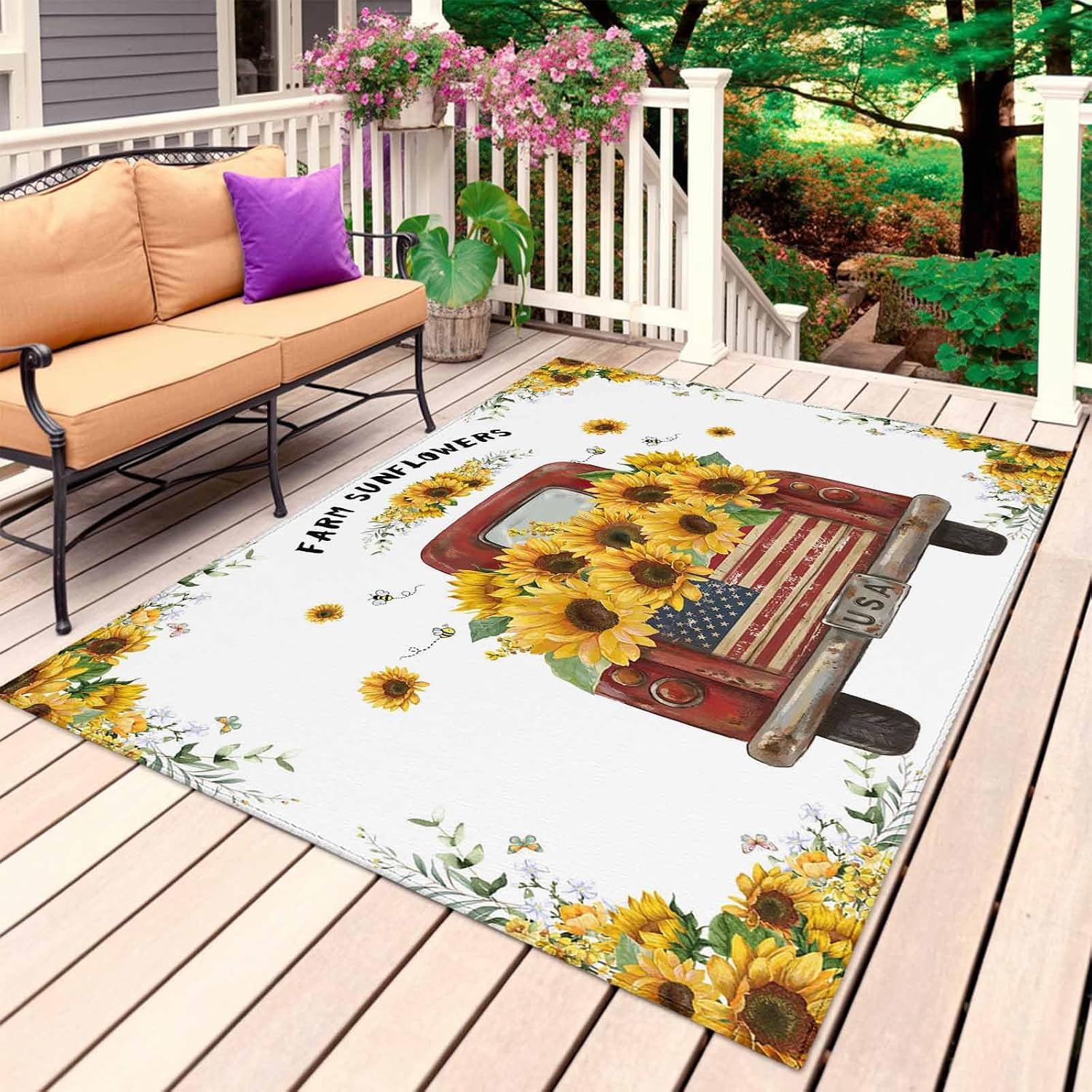 Sunflower Truck Outdoor Rug for Patio/Deck/Porch, Non-Slip Large Area Rug 5 x 8 Ft, Yellow Flowers Summer Botanical Watercolor Indoor Outdoor Rugs Washable Area Rugs, Camping Rug Carpet Runner