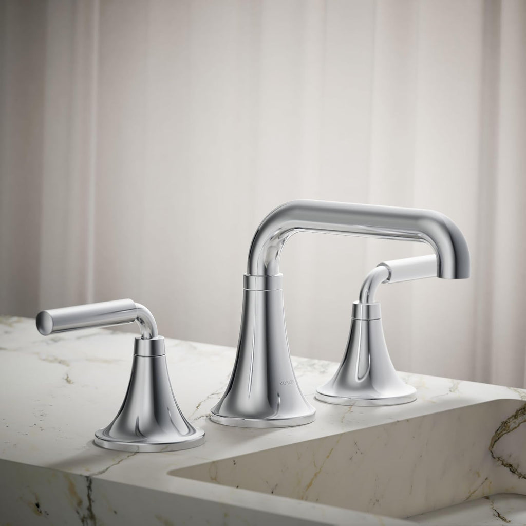 KOHLER K-27416-4-CP Tone™ Widespread Bathroom Sink Faucet, 3-Hole, Widespread Bathroom Faucets with Two Lever Handles and Clicker Drain, 1.2 GPM, Polished Chrome