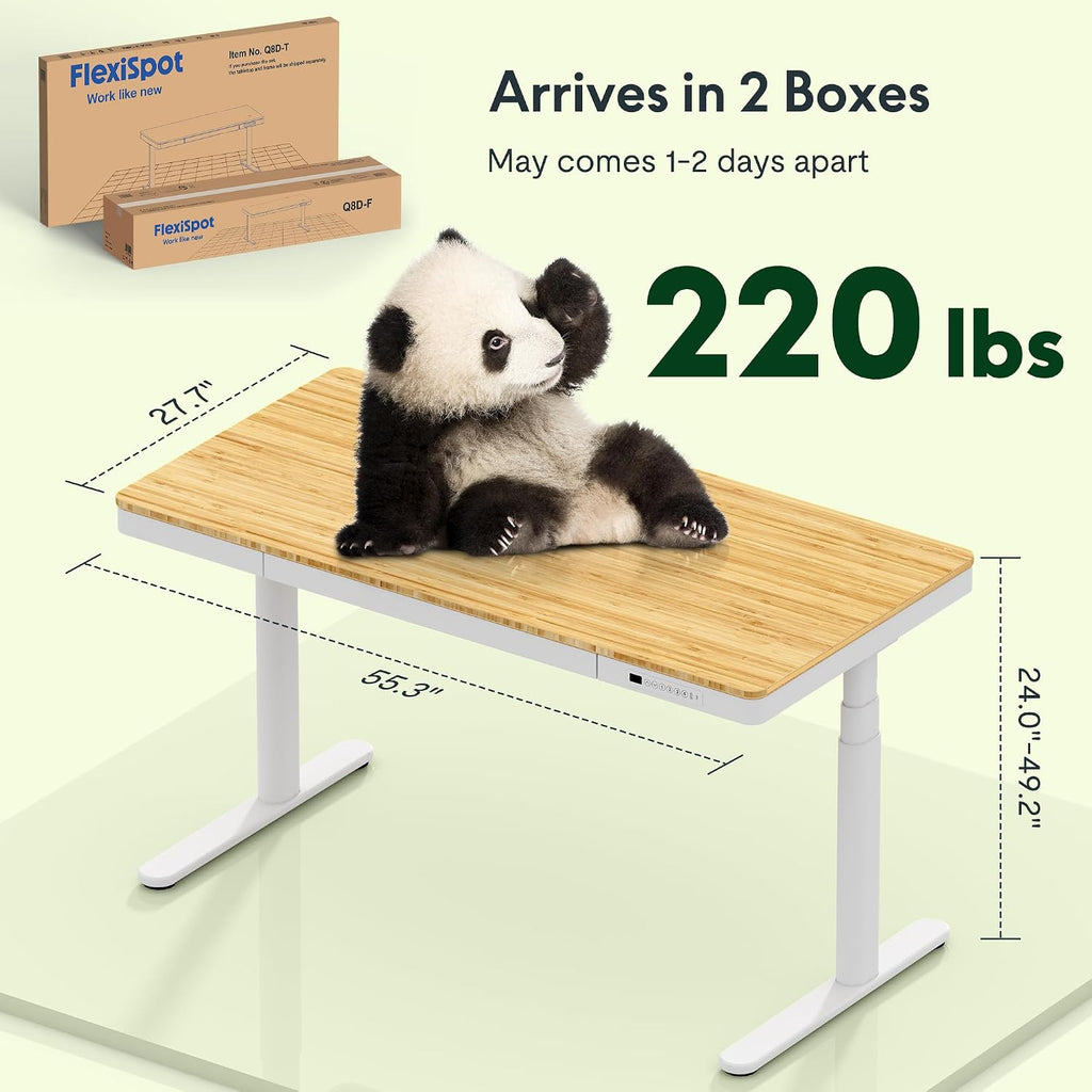 FLEXISPOT Q8 55' Bamboo Standing Desk, Dual Motor 3 Stages Adjustable Height Electric Computer Workstation w/Wireless Charging, Drawer, Quick Install, 220lbs Capacity (Bamboo Tabletop + White Frame)