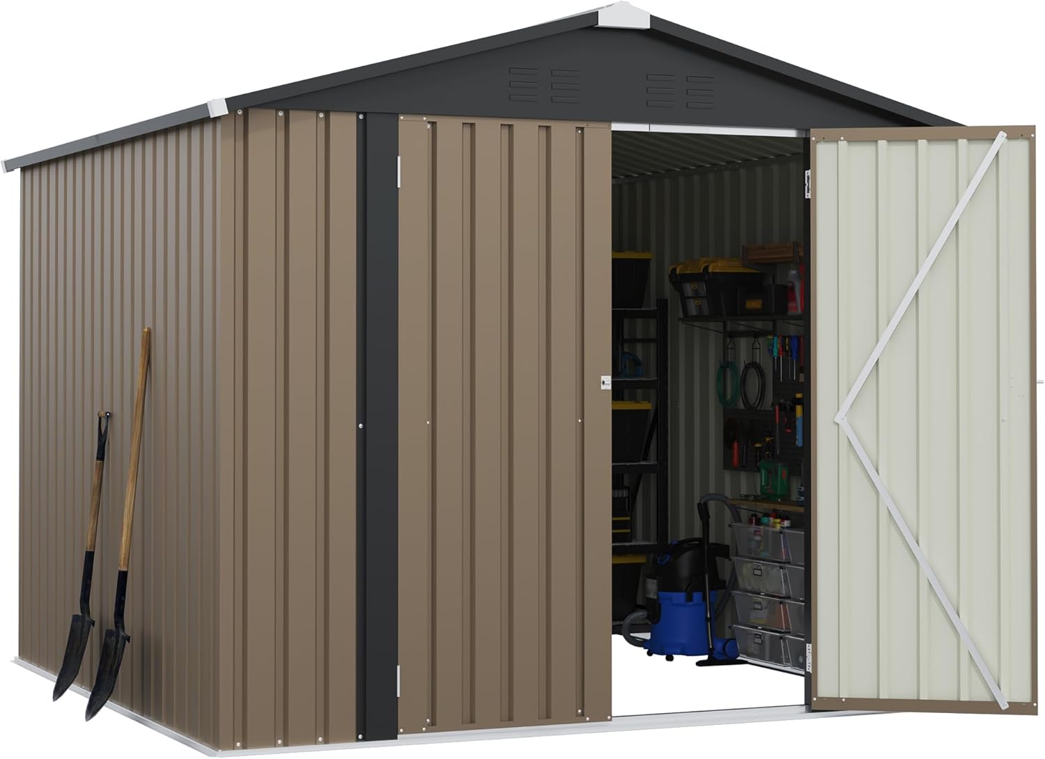 Greesum 8x8FT Outdoor Storage Shed, Utility Tool Shed with Sloping Roof, Metal Storaged Garden Shed with Door & Lock for Patio Storage, Brown