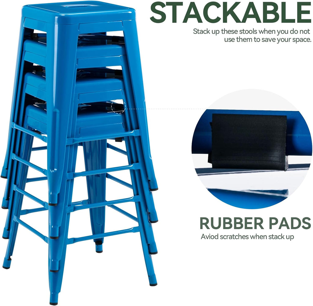 Vogue Furniture Direct 24 Inch Metal Bar Stools, Backless Counter Height Barstools, Indoor Outdoor Stackable Stools with Square Seat, Set of 4 (Blue)