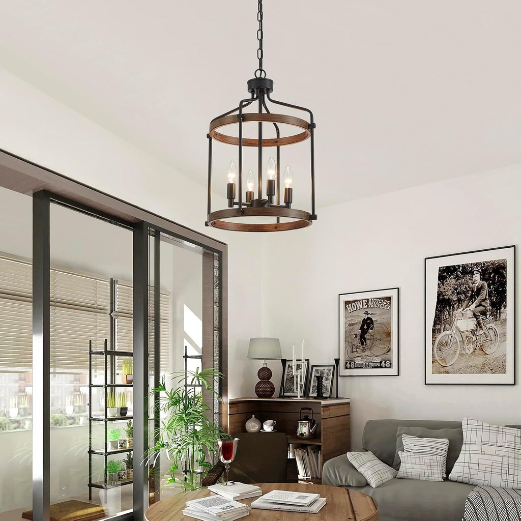 Modern Black Chandelier, 4-Light Farmhouse Dining Room Light Fixture Over Table, Muted Black with Retro Wood Texture Shade, Rustic Cage Hanging Pendant Lighting for Hallway Entryway Kitchen Bedroom