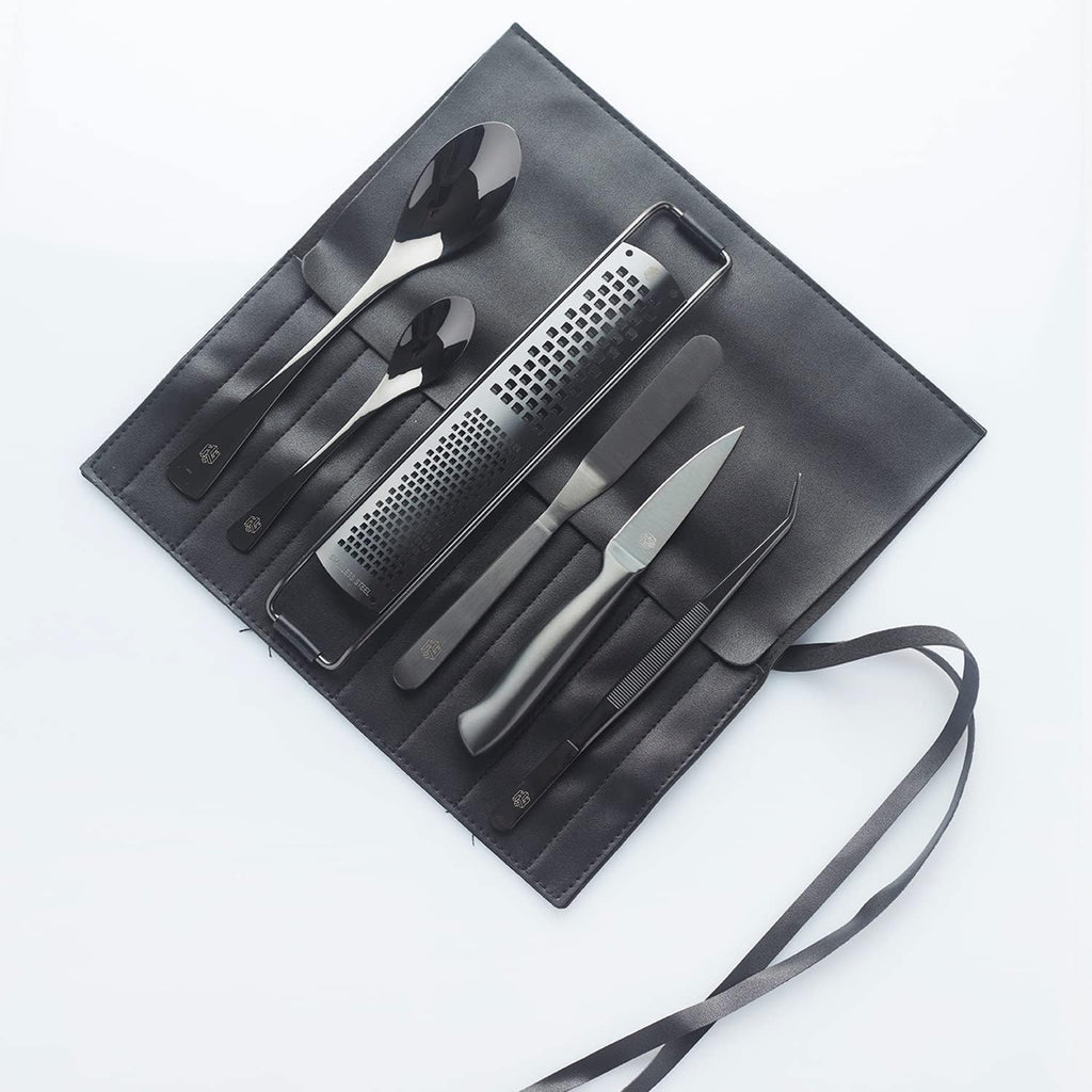 Chef Frank Haasnoot Plating Kit | Utensil Set Deluxe | Black | 6 pcs of Kitchen Tools packed in a case | Culinary Set | Garnish Tweezers & Quenelle Spoons | Food Styling | Pastry & Cooking