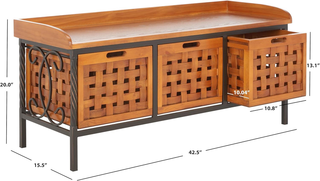 SAFAVIEH Home Collection – Isaac Oak Wooden Storage Bench with Drawers, Entryway & Mudroom Seating, Iron Frame Design, Fully Assembled (AMH6530A)
