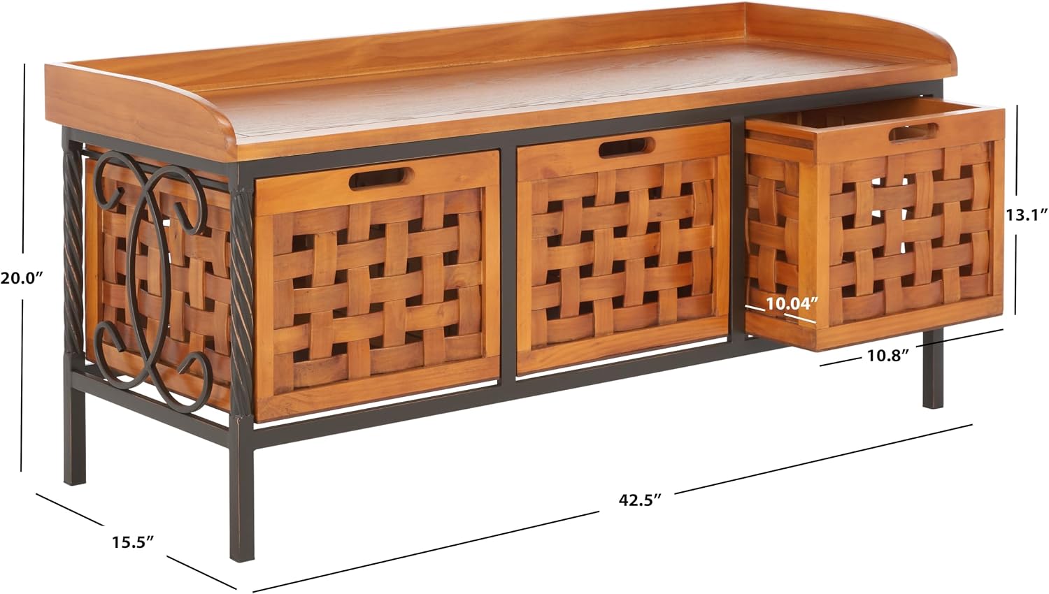 SAFAVIEH Home Collection – Isaac Oak Wooden Storage Bench with Drawers, Entryway & Mudroom Seating, Iron Frame Design, Fully Assembled (AMH6530A)