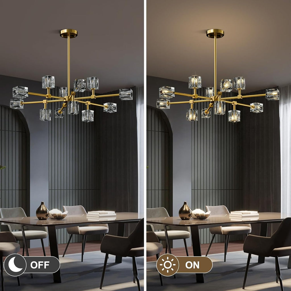 Modern Sputnik Crystal Kitchen Chandelier - Luxury Elegant 12 Light Adjustable Height Pendant Lighting Ceiling Fixture - Gold Brushed Brass Chandeliers for Dining Room Living Room Island Table Bedroom