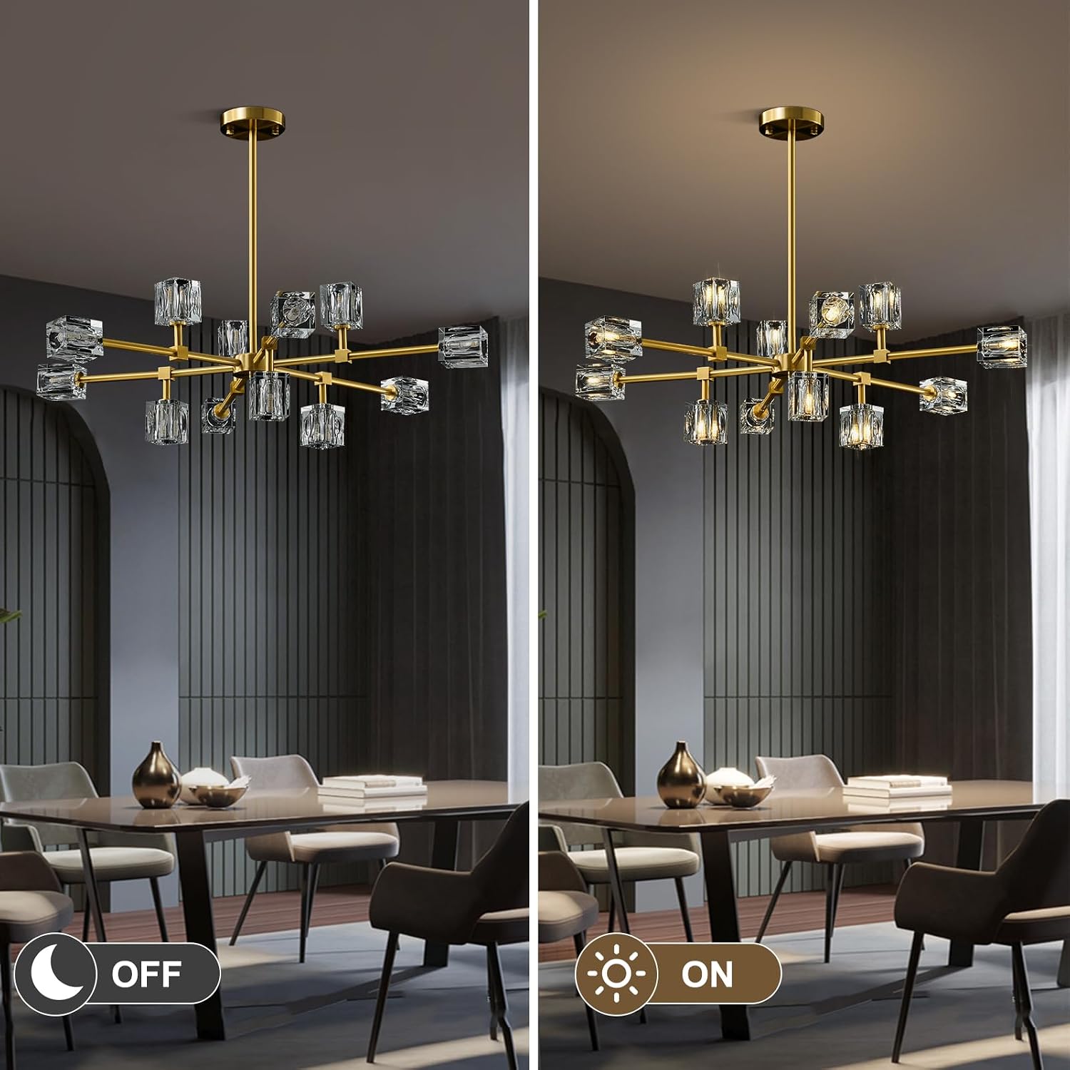 Modern Sputnik Crystal Kitchen Chandelier - Luxury Elegant 12 Light Adjustable Height Pendant Lighting Ceiling Fixture - Gold Brushed Brass Chandeliers for Dining Room Living Room Island Table Bedroom