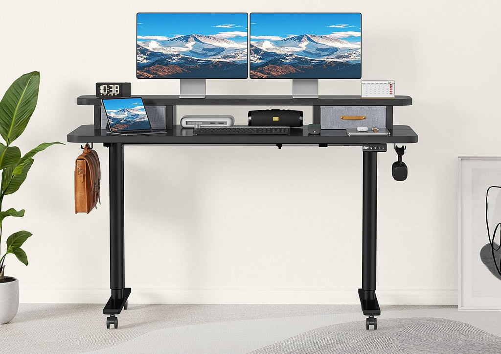 Flycity Electric Standing Desk with Dual Drawers, 55' x 24' Height Adjustable Desk Sit Stand Desk with Memory Controller, Casters & 2 Hooks, Ergonomic Low Noise Home Office Desk, Black