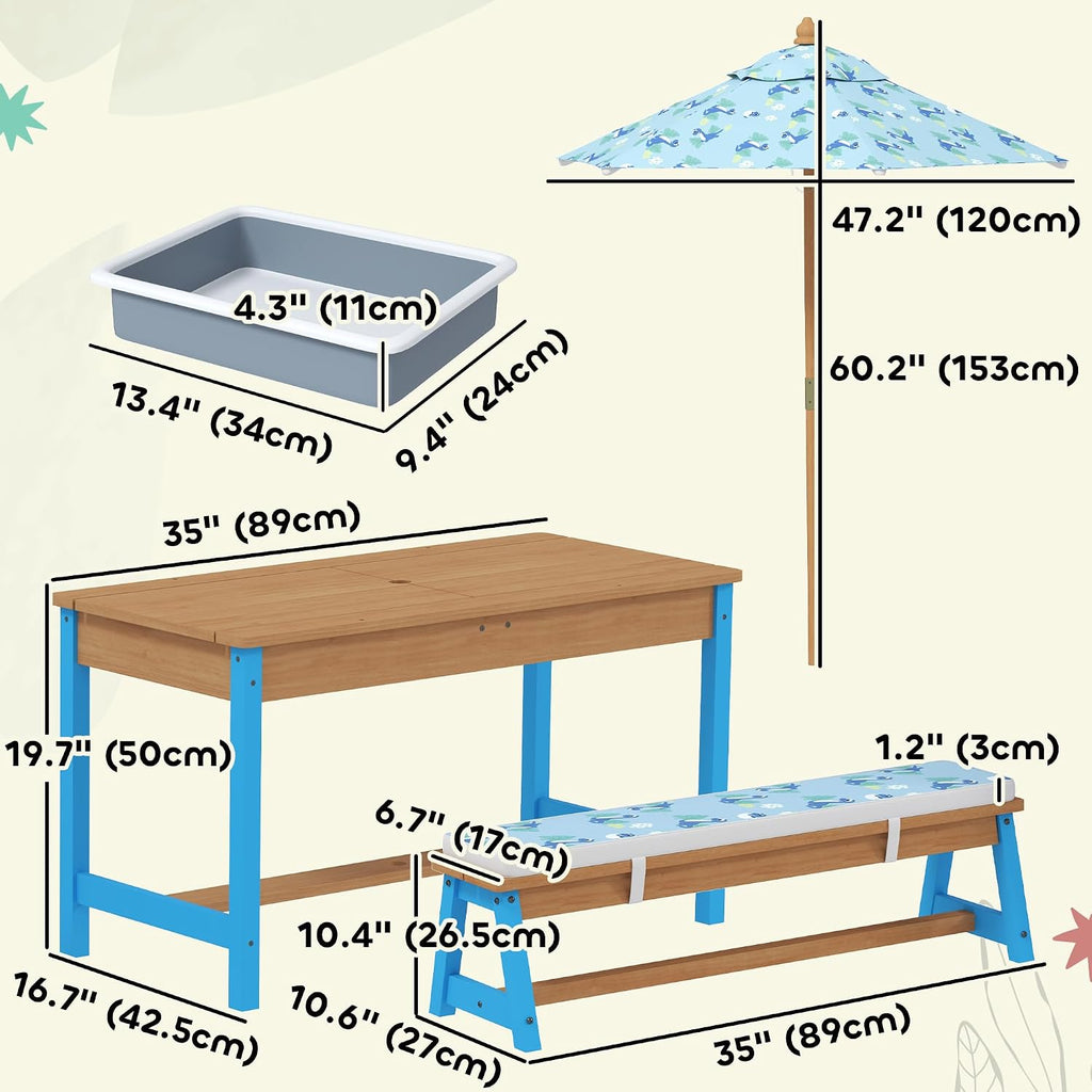 Qaba Kids Picnic Table, Wooden Table and Bench Set with Foldable Umbrella, Removable Cushions & Boxes, Dinosaur Theme Children Activity Table Outdoor Furniture for Patio, Blue