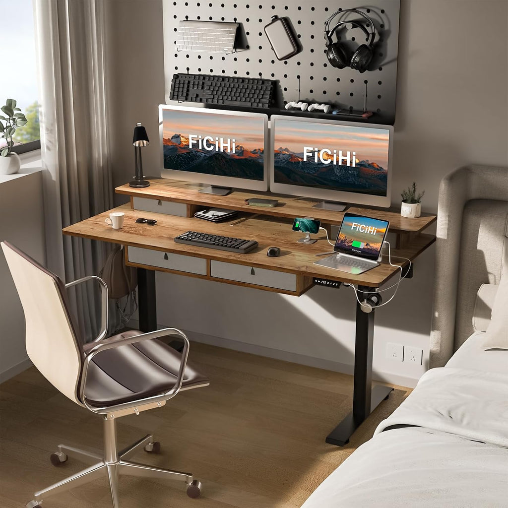 FiCiHi Adjustable Height Standing Desk with 4 Drawers,63 x 30 inches Electric Sit Stand Desk for Home Office,3 Memory Presets,Monitor Stand Riser,USB A/C Charging Port