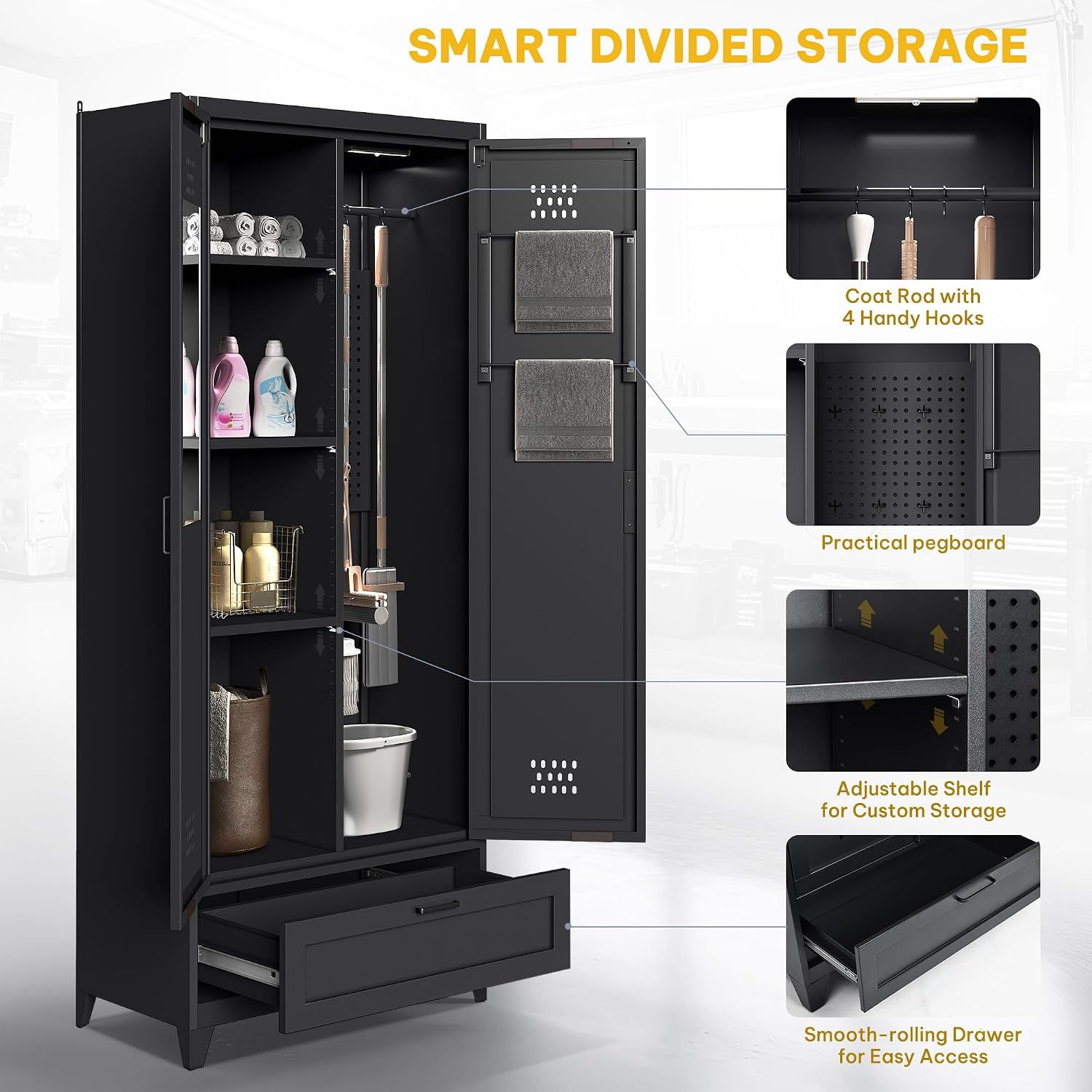 DWVO Metal Garage Storage Cabinet with Pegboard, 71' Tall Broom Cabinet with Lights, Adjustable Shelves, Heavy Duty Tool Storage Cabinet for Garage, Cleaning Room, Gym