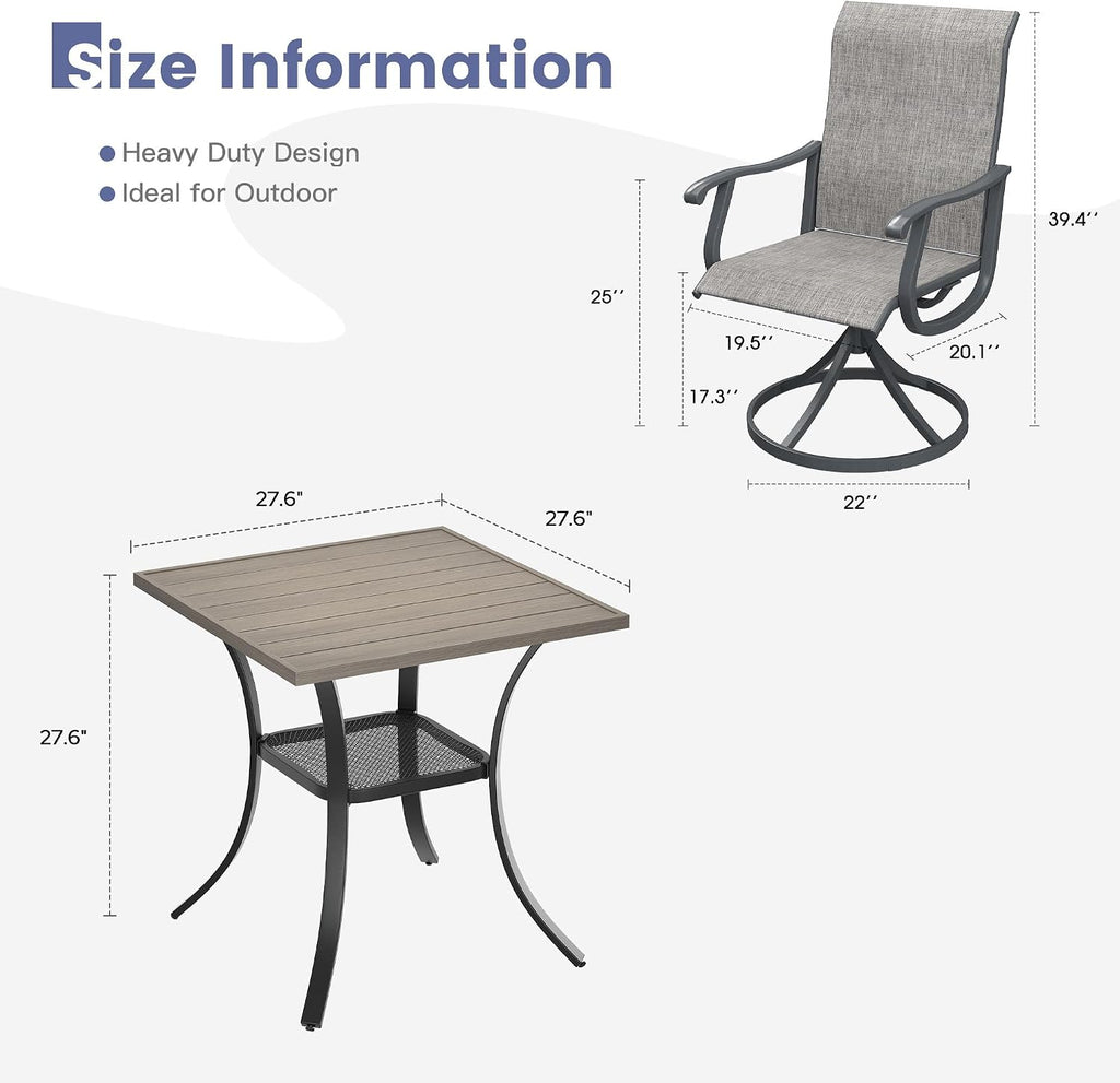 VICLLAX 3 Pieces Outdoor Dining Set, Patio Furniture Set of 2 Patio Swivel Dining Chairs and Small Dining Table with Storage Shelf, Grey Chairs & Antique Grey Tabletop