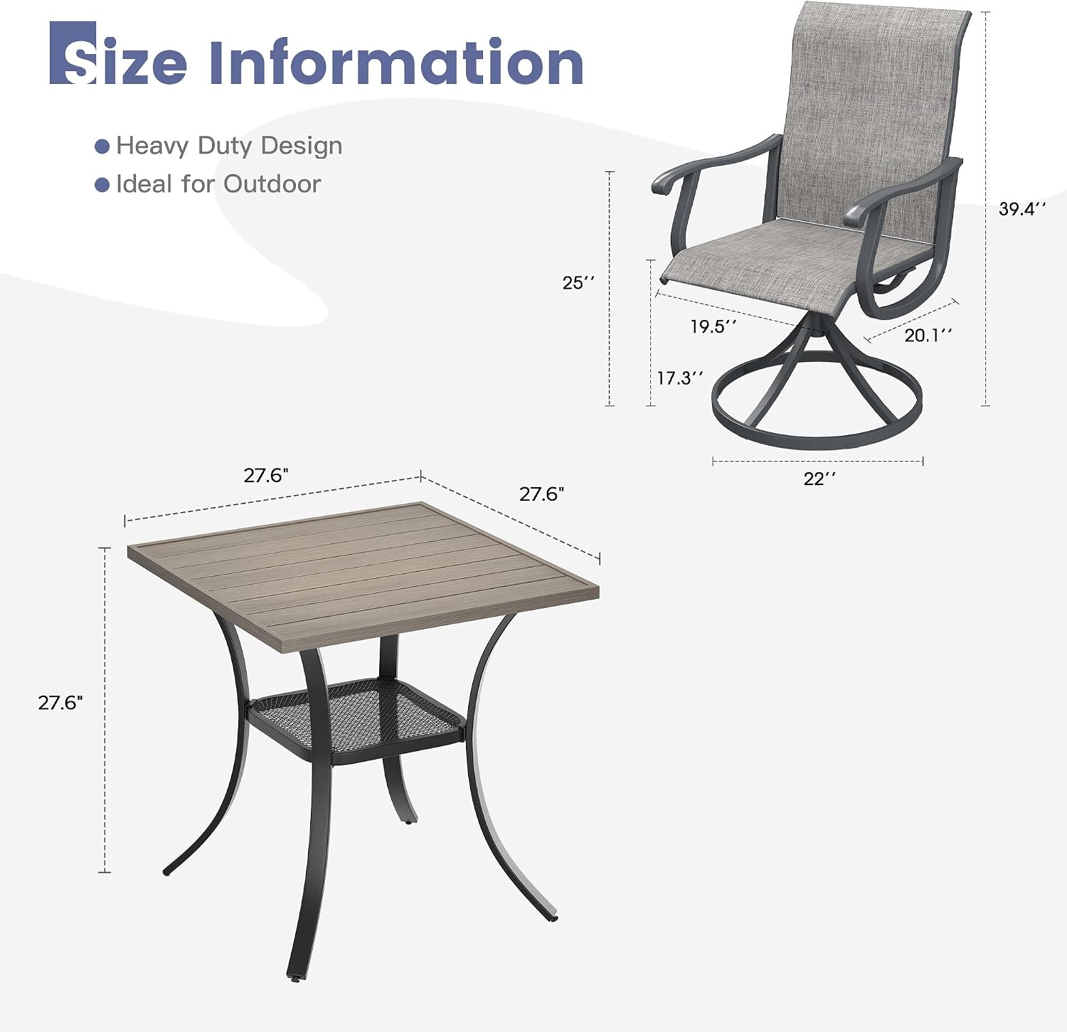 VICLLAX 3 Pieces Outdoor Dining Set, Patio Furniture Set of 2 Patio Swivel Dining Chairs and Small Dining Table with Storage Shelf, Grey Chairs & Antique Grey Tabletop