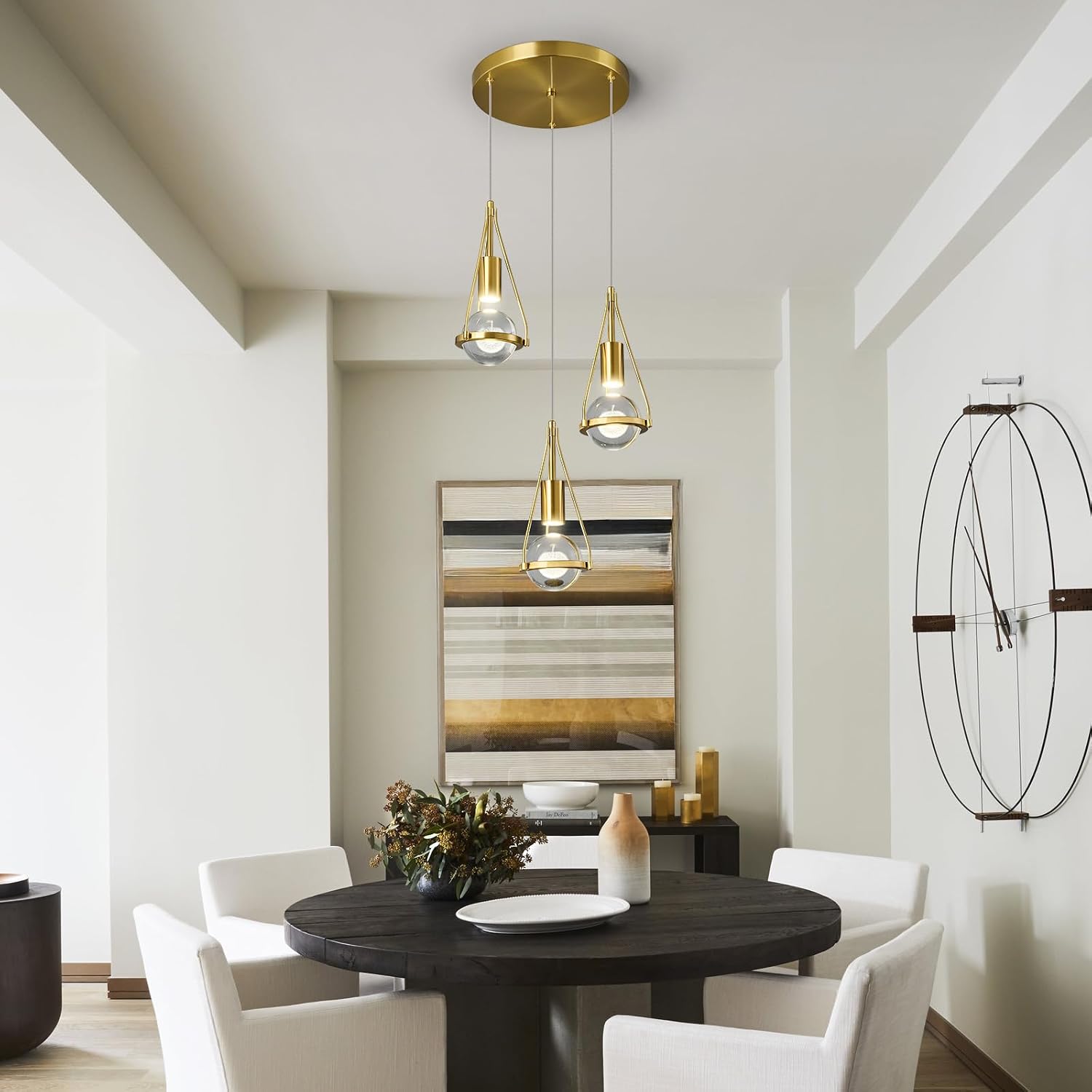 Gold Dandelion Pendant Light in Brushed Brass Finish, 3-Light Modern Crystal Kitchen Island Pendant Lighting Dimmable LED Hanging Ceiling Light Fixture for Bathroom Bedroom