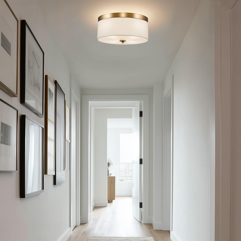 Kira Home Walker 15' Modern Drum Gold Flush Mount Ceiling Light, White Fabric Shade with Frosted Glass Diffuser, 3-Light Close to Ceiling Fixture, Cool Brass Finish
