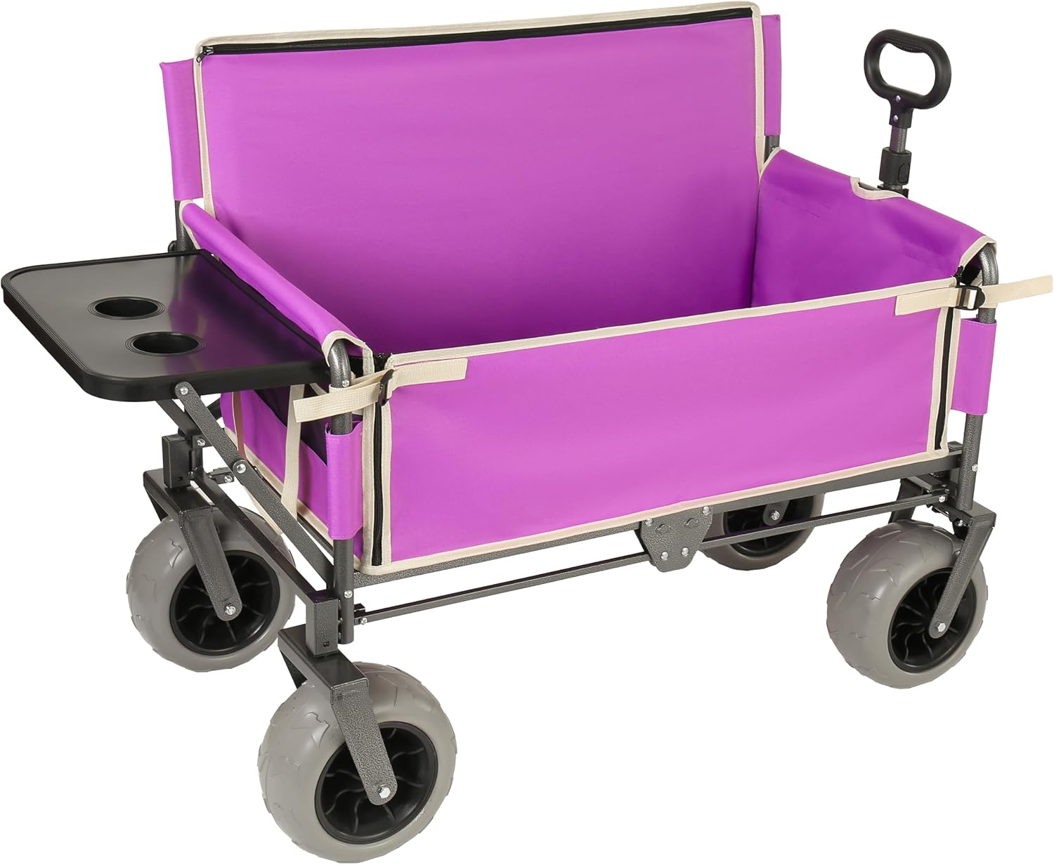 3-in-1 Folding Wagon with Bench Seat – 500lbs Capacity,Reinforced Carbon Steel Frame, 180L Cargo Space– Perfect for Camping, Beach, Outdoor Events & Heavy-Duty Hauling (12 Purple + Cup Holder)