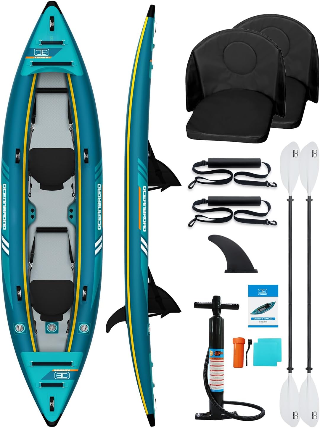 OCEANBROAD Inflatable Sit-in Kayak(NO HIN), 1 Person/2 Person Blow Up Kayak for Adults with Paddle, Kayak Seat, Pedal, Hand Pump and Bag, Blue/Sky Blue