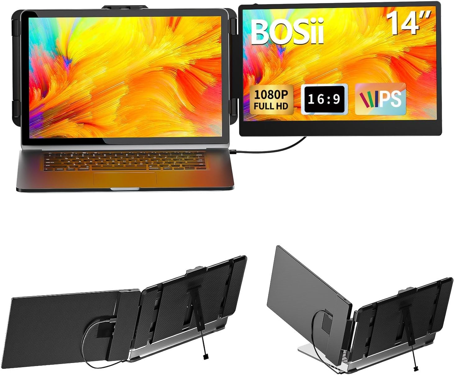 BOSII Laptop Screen Extender Monitor - 14 Inch Dual IPS FHD 1080P HDMI/USB-A/Type-C Extended Portable Monitor for Laptops (Maximum Length: 15.74') Compatible with Windows Mac Travel Work