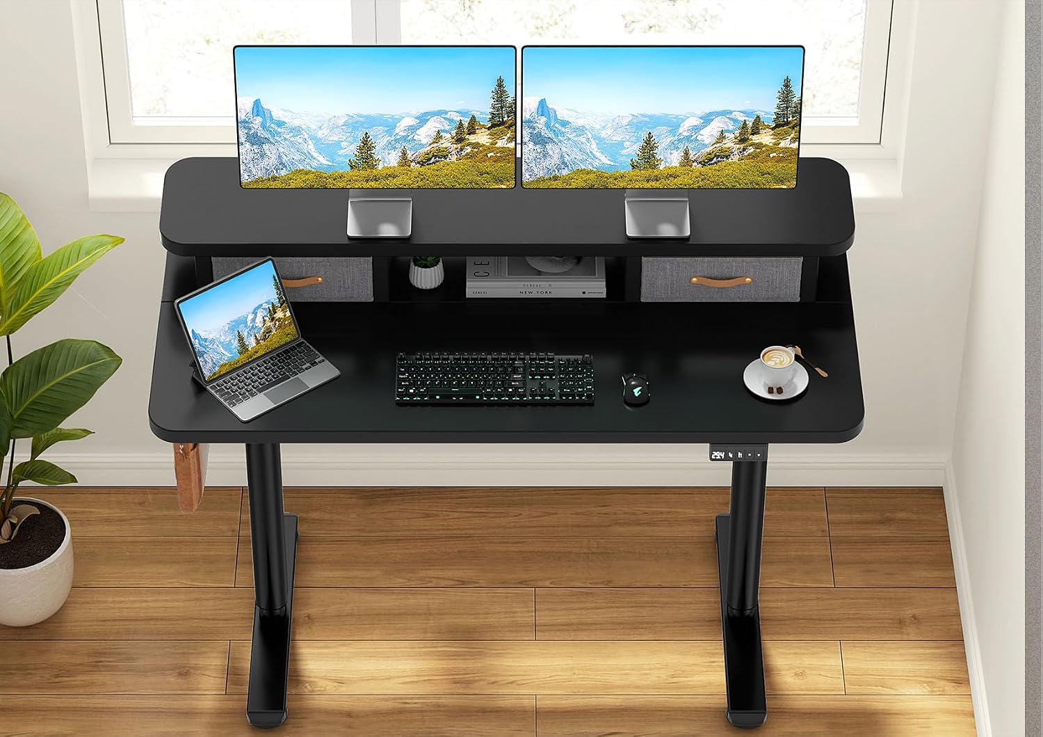 Flycity Electric Standing Desk with Dual Drawers, 48' x 24' Height Adjustable Desk Sit Stand Desk with Memory Controller, Casters & 2 Hooks, Low Noise Home Office Desk, Black