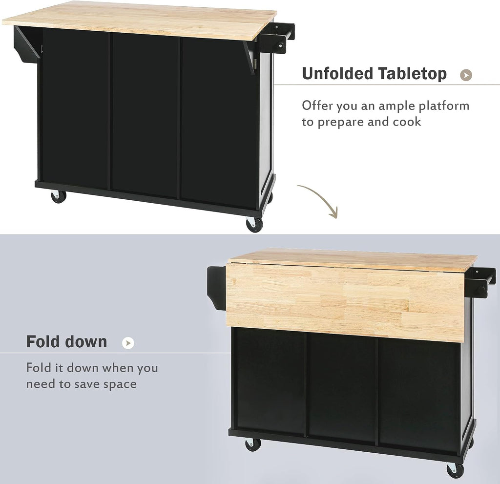 Kitchen Cart with Rubber Wood Drop-Leaf Countertop,Cabinet Door Internal Storage Racks,Kitchen Island on 5 Wheels with Storage Cabinet and 3 Drawers for Dinning Room, Black