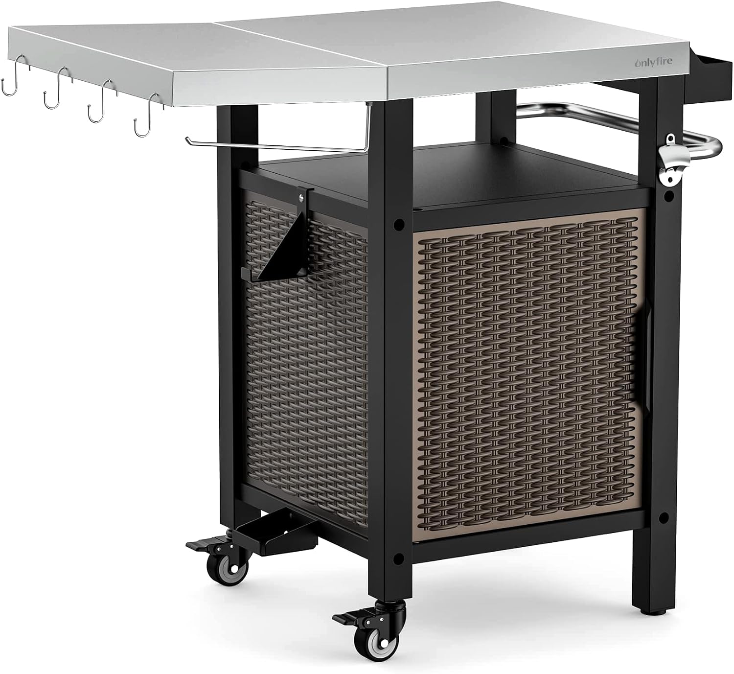 onlyfire 35 Inch Rolling Kitchen Island with XL Stainless Steel Top & Rattan Cabinet, Heavy-Duty BBQ Serving Cart for Indoor/Outdoor, Single Door Storage Worktable with Side Shelf & Wheels
