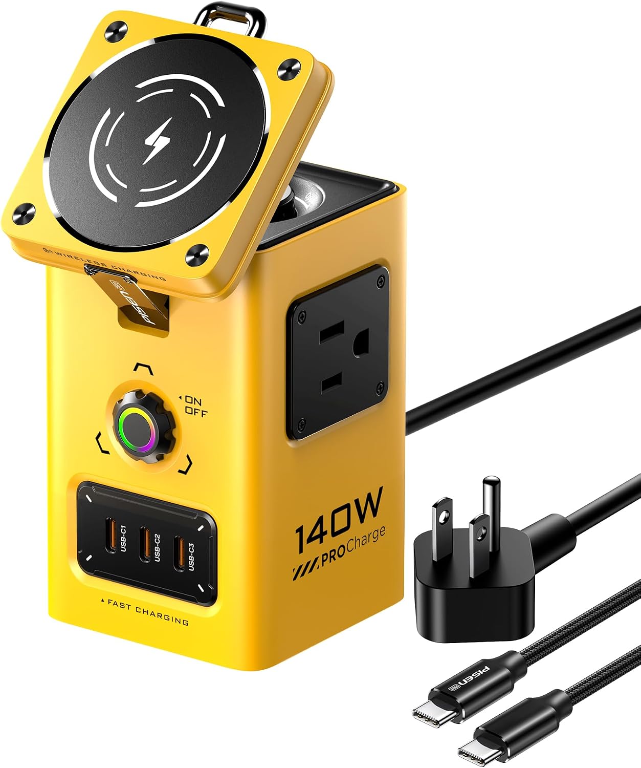 PISEN 8-in-1 Mag-Safe Charger Stand - 140W Charging Station for Multiple Devices Mag-Safe Stand Magnetic Qi2 Wireless Charger for iPhone 17/16/15/14/13/12, Magnetic Charger for Apple Watch (Yellow)
