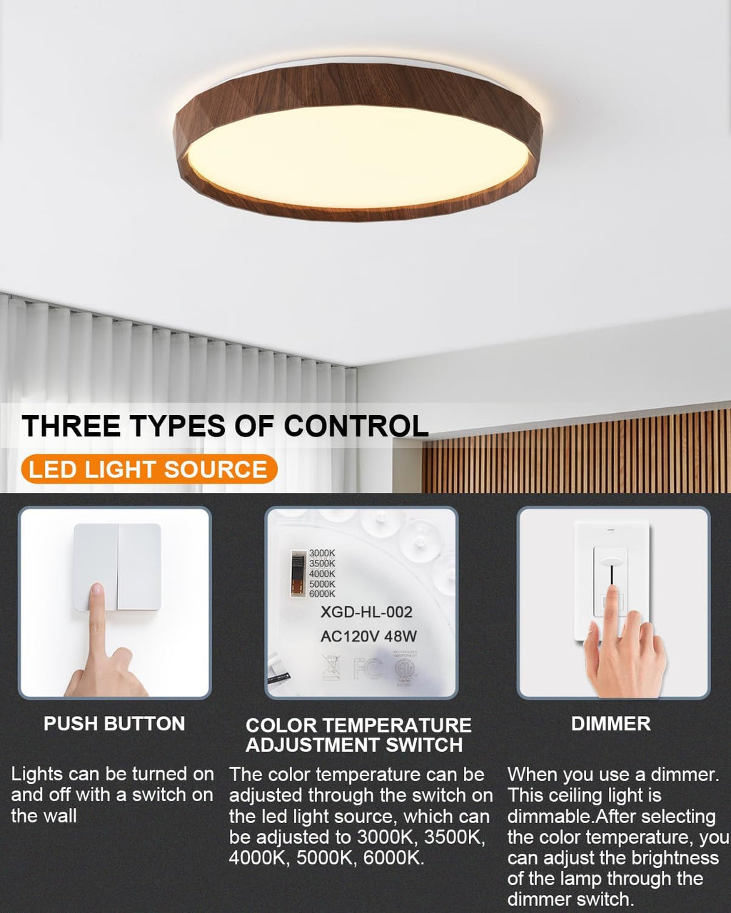 ANYLOVE 19 inch LED Flush Mount Ceiling Light Fixture,3000K 4000K 5000K Adjustable Ceiling Lights, Farmhouse Walnut Wood Grain Ceiling Light for Bedroom Hallway Bathroom Kitchen