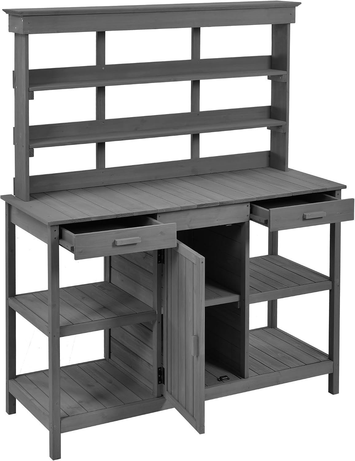 JIVOIT Outdoor Garden Potting Bench Table, 66' Large Farmhouse Wooden Garden Potting Table with 2 Drawers, Cabinet and 4-Tier Open Shelves, Garden Workstation Backyard Mudroom