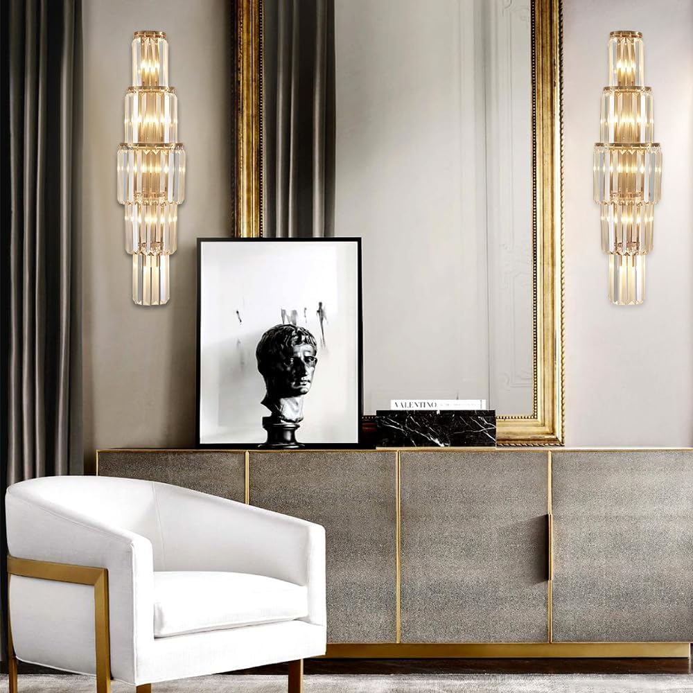 29.5 inch Modern Wall Sconce Contemporary Crystal Wall Sconce 5-Light Gold Bathroom Light Fixtures for Bedroom Hallway Living Room