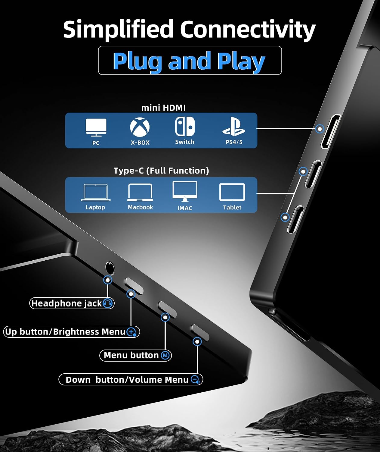 Ingnok Dual 15.6' & 18.5 inch Laptop Screen Extender with 4 Speakers, Mini HDMI and Type-C Ports Ensure Easy Plug-and-Play with laptops, PCs, and Mini PCs