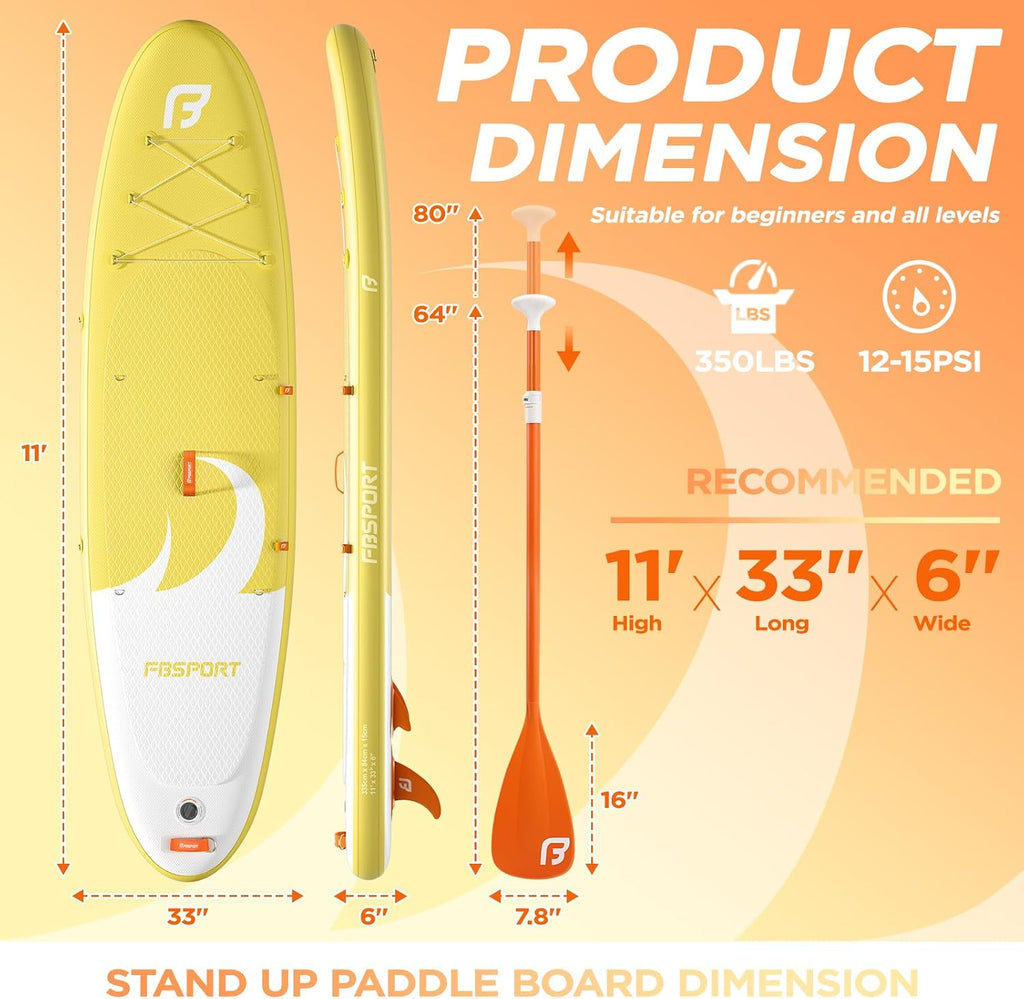 FBSPORT 11' Premium Stand Up Paddle Board, Yoga Board with SUP Accessories & Carry Bag | Wide Stance, Surf Control, Non-Slip Deck, Leash, Paddle and Pump for Youth & Adult