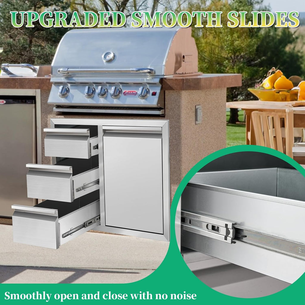 Outdoor Kitchen Drawer Combo Stainless Steel Outdoor Triple Drawers with Trash Bin Compartment & Dual Trash Cans, 28' W x 22' H x 19.5' D Outdoor Kichen Cabinet for Grill Station