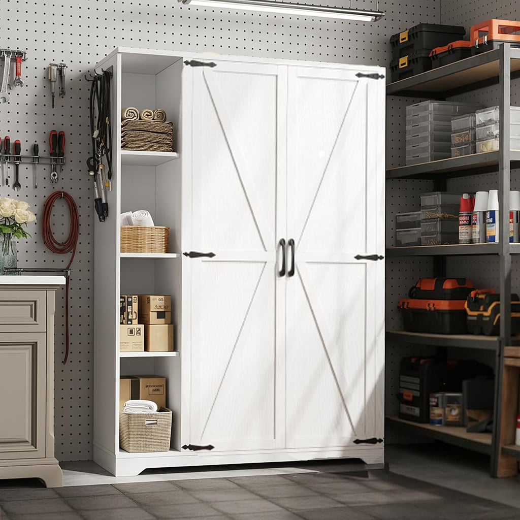 YITAHOME Wooden Garage Broom Cabinets with Adjustable Shelves, Multifunctional Organizer for Ironing Boards and Vacuum Cleaners, Tool Storage Cabinet for Gym, Basement, Warehouse, Oak White