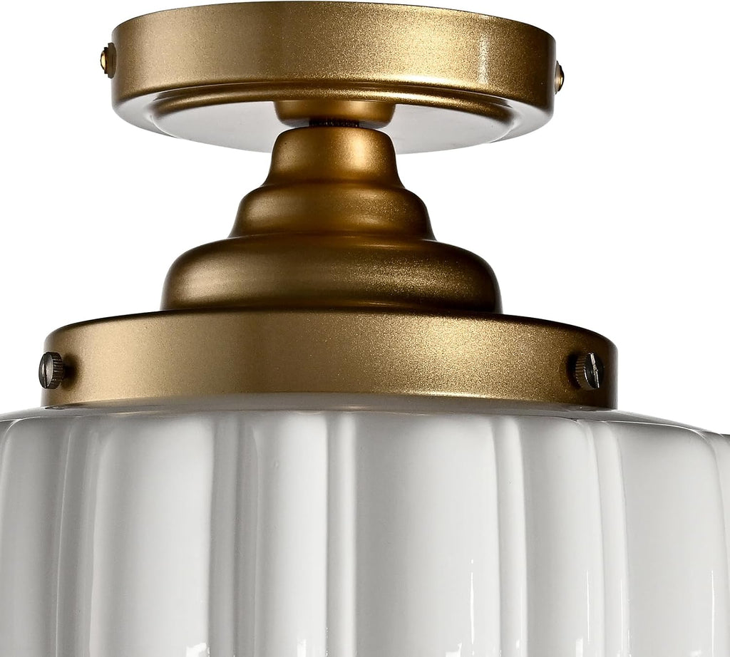 CLAXY Gold Kitchen Ceiling Light Ribbed Milk Glass Ceiling Light Fixture | Modern Semi-flush Mount Schoolhouse Ceiling Light E26 Dimmable Indoor Light for Bathroom Hallway Bedroom Closet Garage