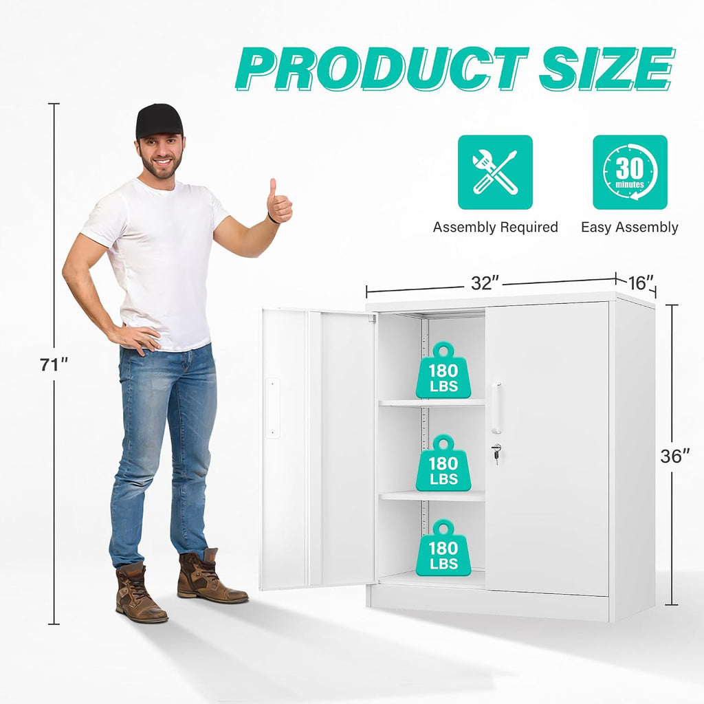 SISESOL White Metal Storage Cabinet with Doors and Shelves,36 inch Small Metal Cabinet with Lock,Short Garage Storage Cabinets,Locking Steel Cupboard for Home,Office,Kitchen,Garages