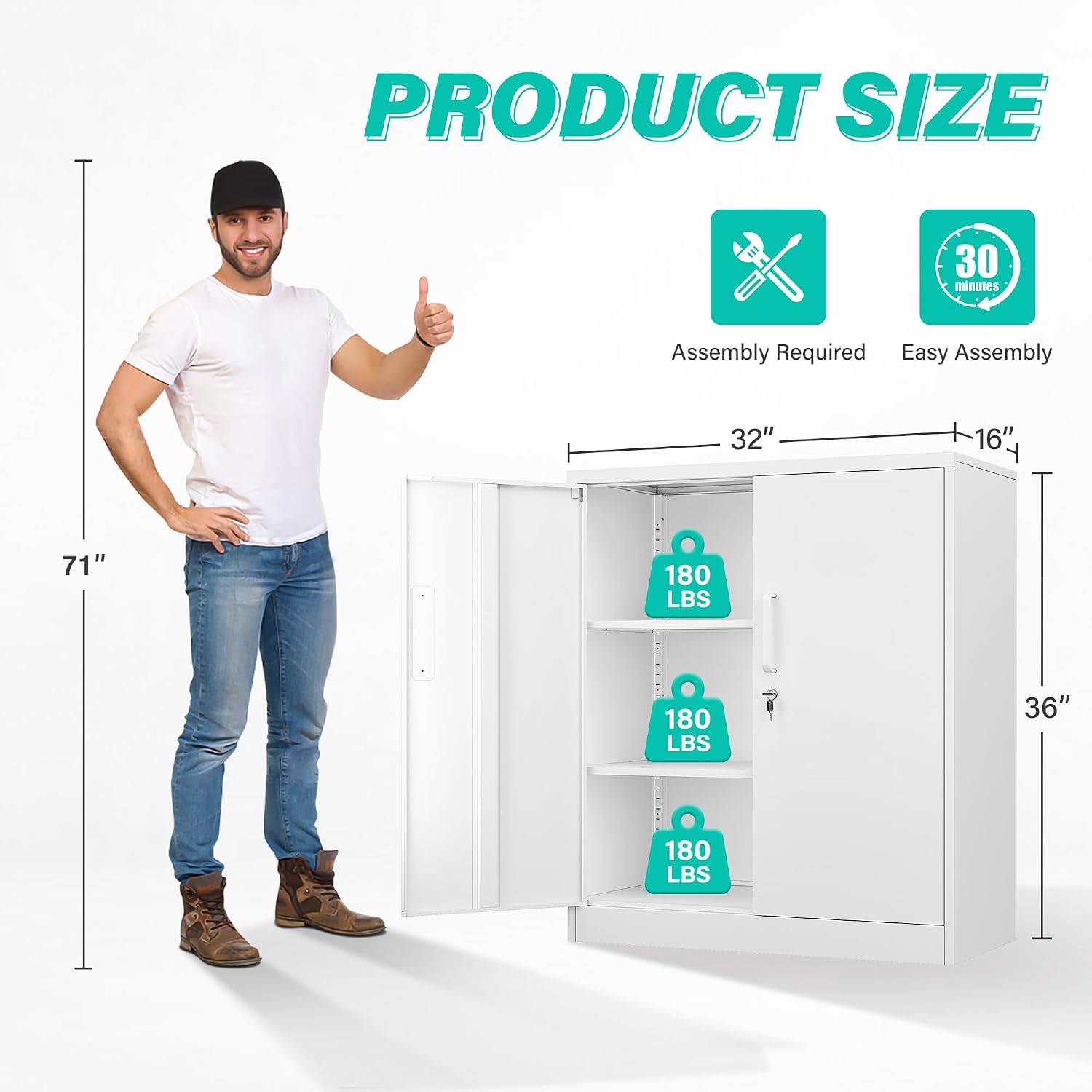 SISESOL White Metal Storage Cabinet with Doors and Shelves,36 inch Small Metal Cabinet with Lock,Short Garage Storage Cabinets,Locking Steel Cupboard for Home,Office,Kitchen,Garages
