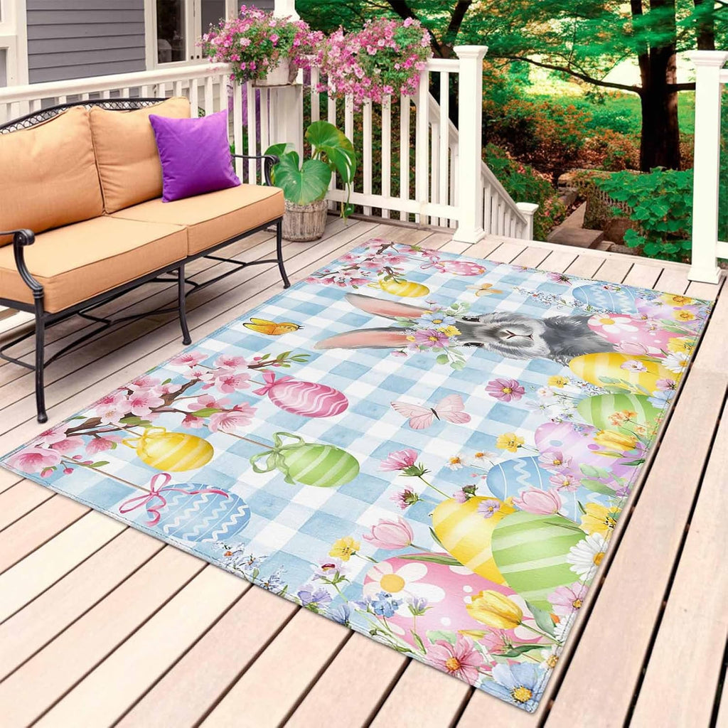 Blue Easter Outdoor Rug for Patio/Deck/Porch, Non-Slip Large Area Rug 6 x 9 Ft, Spring Watercolor Bunny Eggs Flower Plaid Indoor Outdoor Rugs Washable Area Rugs, Reversible Camping Rug Carpet Runner