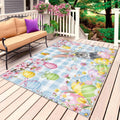 Blue Easter Outdoor Rug for Patio/Deck/Porch, Non-Slip Large Area Rug 6 x 9 Ft, Spring Watercolor Bunny Eggs Flower Plaid Indoor Outdoor Rugs Washable Area Rugs, Reversible Camping Rug Carpet Runner