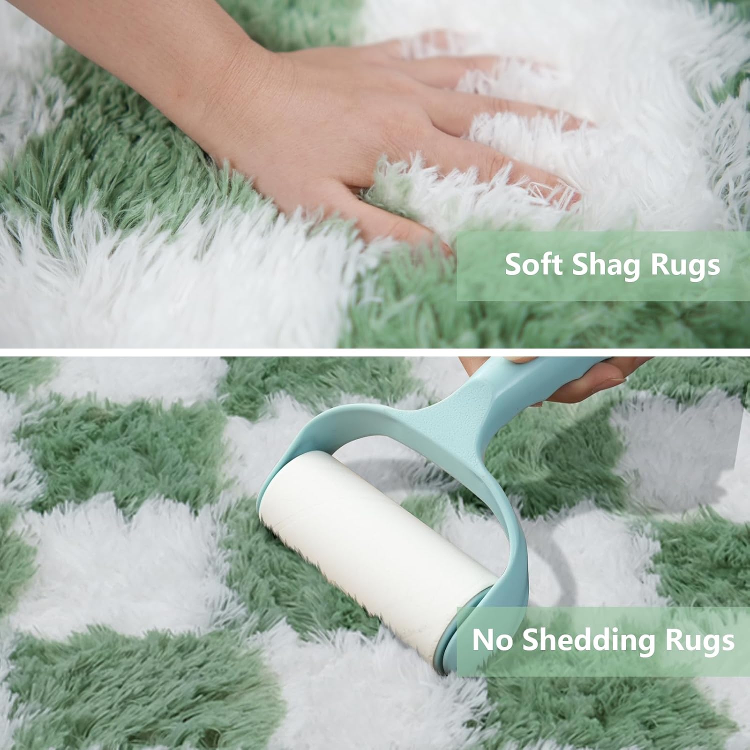 Large Area Rugs for Living Room Bedroom,9x12 Green and White Fluffy Soft Checkered Rug Fuzzy Shag Shaggy Carpet,Indoor Plush Floor Rugs for Teen Dorm Home Decor