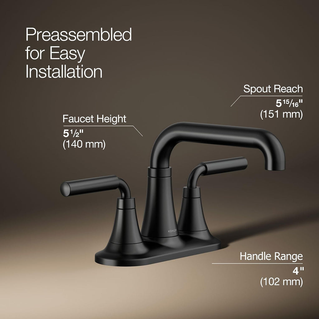 KOHLER K-27414-4-BL Tone™ Centerset Bathroom Sink Faucet, Clicker Drain, Bathroom Faucets, 1.2 GPM, Matte Black