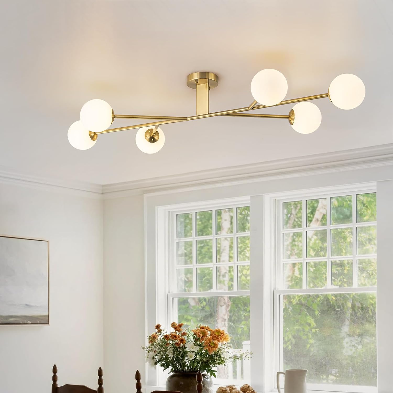 Lingkai 6-Light Gold Sputnik Semi Flush Mount Ceiling Light, 47.2' Modern Globe Milk Glass Bubble Chandeliers Ceiling Light Fixture with Ceramic Base for Kitchen Island Living Room Dining Room Entry