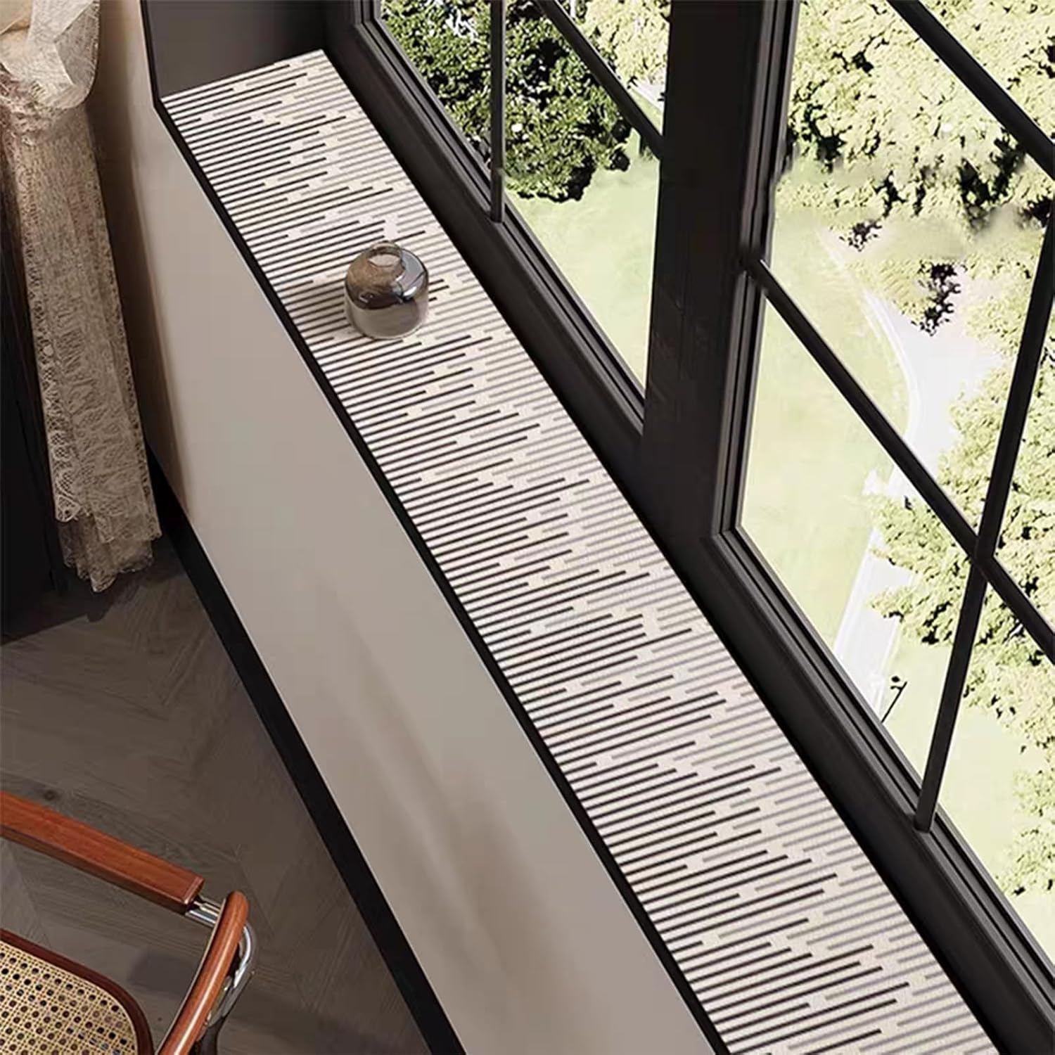 Waterproof Window Sill Cushion Cover - Minimalist Lines, Narrow Dustproof PVC Leather Protective Pad Customizable for Bay Windows & Balcony(27x59in/70x150cm)