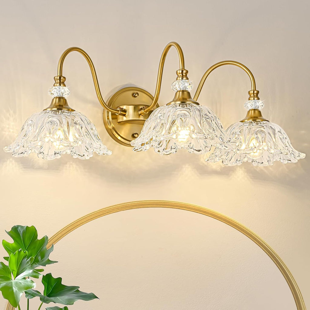 Gold Bathroom Vanity Light, 3-Light Brushed Gold Finish Vanity Light with Floral Clear Glass Shades, Retro Wall Mount Lighting for Bathroom, Dressing Table