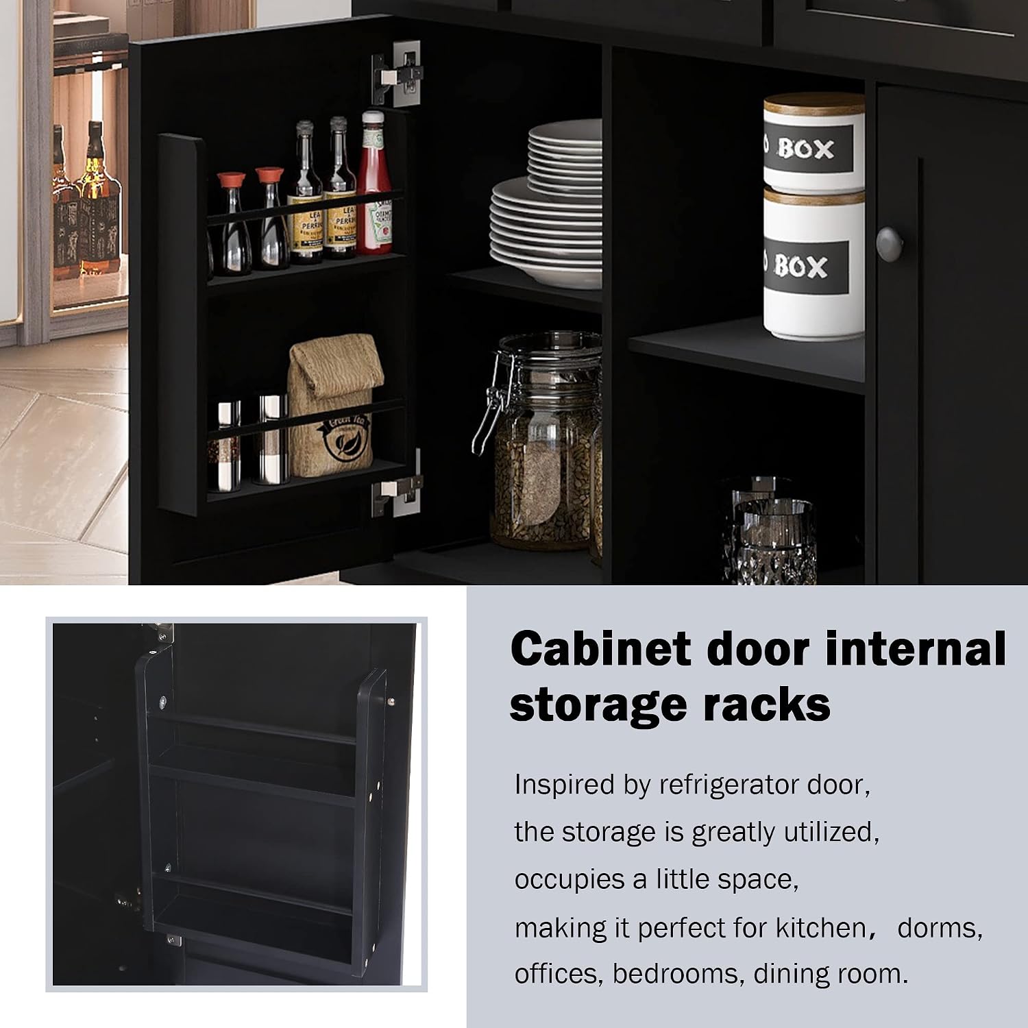 Kitchen Cart with Rubber Wood Drop-Leaf Countertop,Cabinet Door Internal Storage Racks,Kitchen Island on 5 Wheels with Storage Cabinet and 3 Drawers for Dinning Room, Black