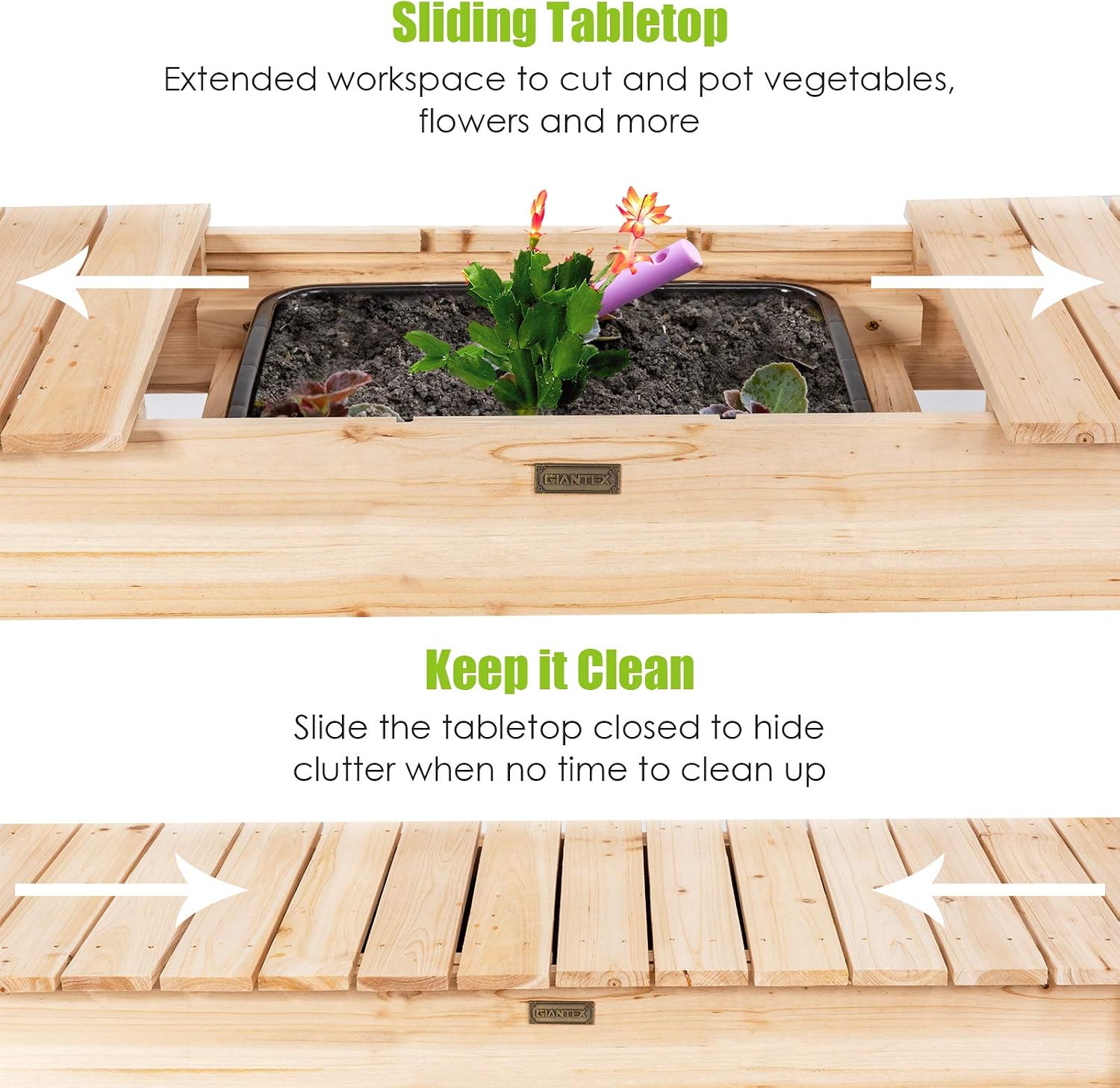 Giantex Garden Potting Bench, Outdoor Wood Work Table w/Sliding Tabletop, Planter Bench Work Station w/Removable Sink & Storage Shelves for Backyard Patio Balcony, Natural