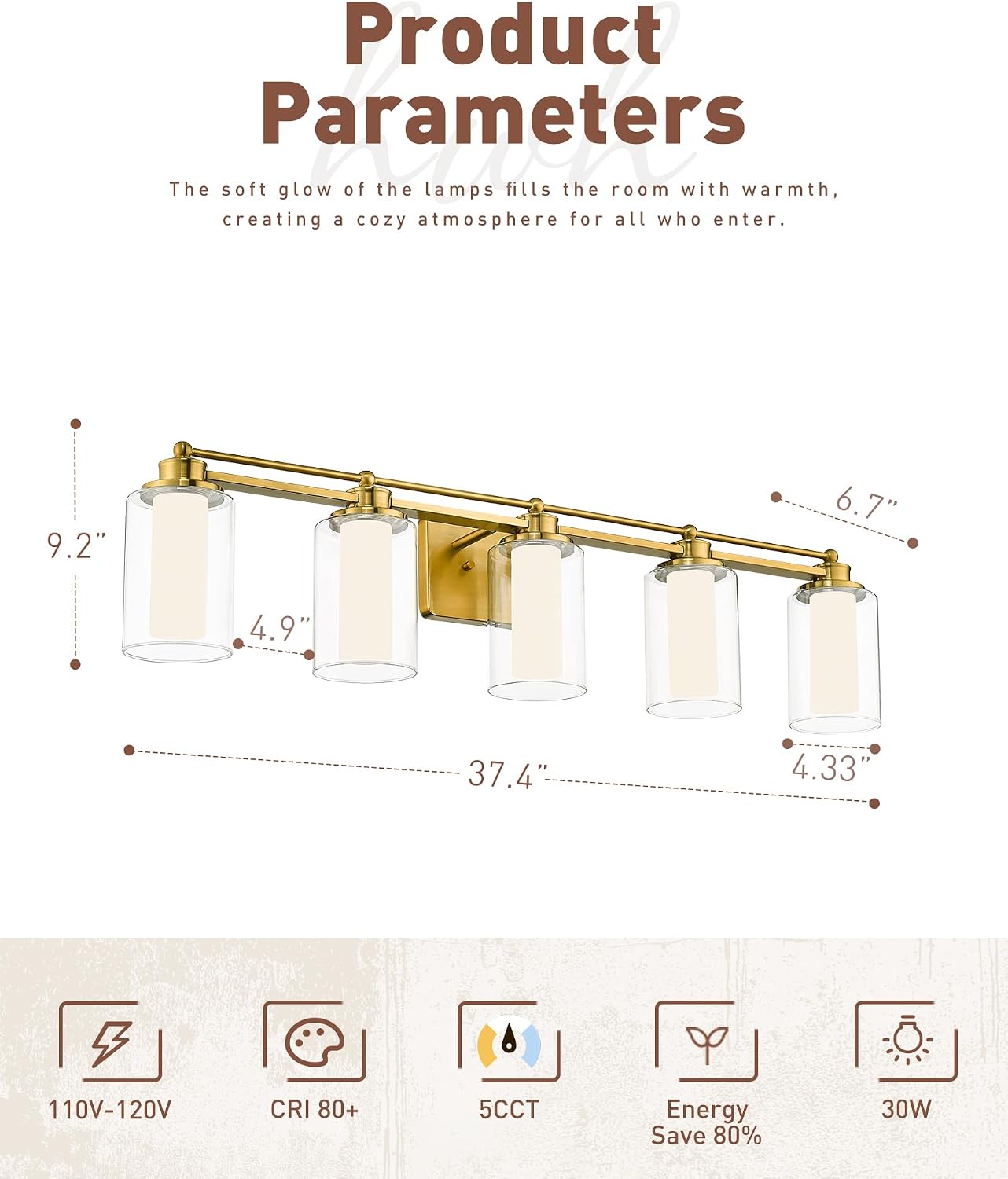 5 Light Vanity Light, HWH Brushed Gold Bathroom Light Fixtures Modern Vanity Lights Over Mirror with Clear Glass, 30W 5CCT Dimmable LED Vanity Lights for Bathroom, 5HLT63B-5W-LED BG