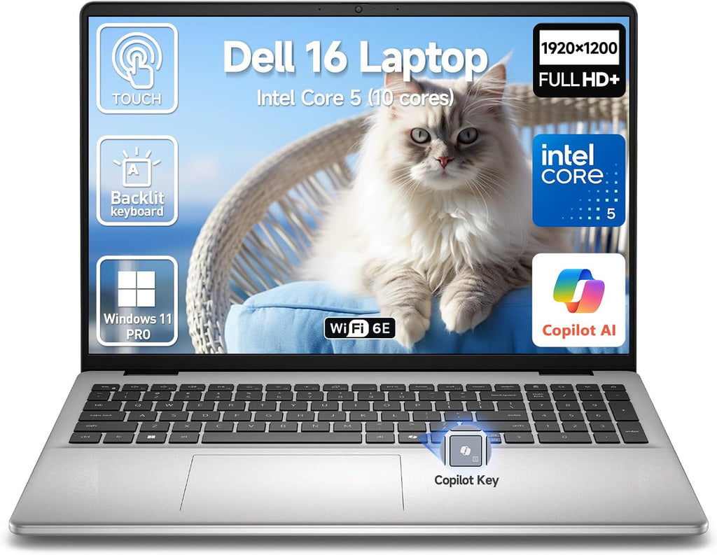 2026 Dell 16 Touchscreen Laptop Computer, 16' FHD+ Touch Screen Business Laptop, Windows 11 Pro, Intel Core 5 (10-Cores, Beat i7-1355U), 16GB DDR5 1TB SSD, Backlit 10-Key, Wi-Fi 6E, Copilot Key